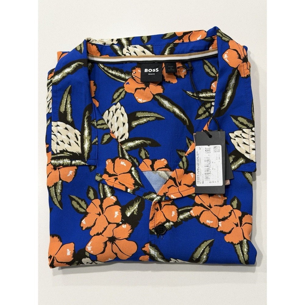 HUGO BOSS Beach Blue Floral Camp Short Sleeve Button Up 10268906 Mens L NWT